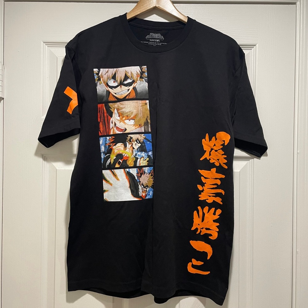 My Hero Academia Mens T-Shirt Size Large Black Cotton Bakugo Anime Graphic Tee